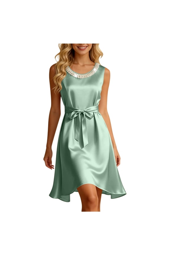 Women's Fashion Satin Sleeveless Cocktail Dress Tie Waist A-Line Tea Party Wedding Guest Midi Dresses