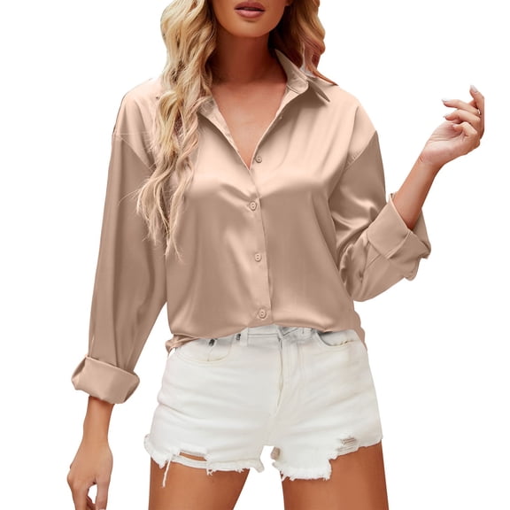 Women's Fashion Satin Solid Colour V Neck Long Sleeve Shirt,A,S