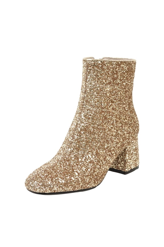 Women's Fashion Sequin Ankle Boots Square Toe Chunky Heel Mid Calf Booties Slip On Dress Boots with Side Zipper Gold 6