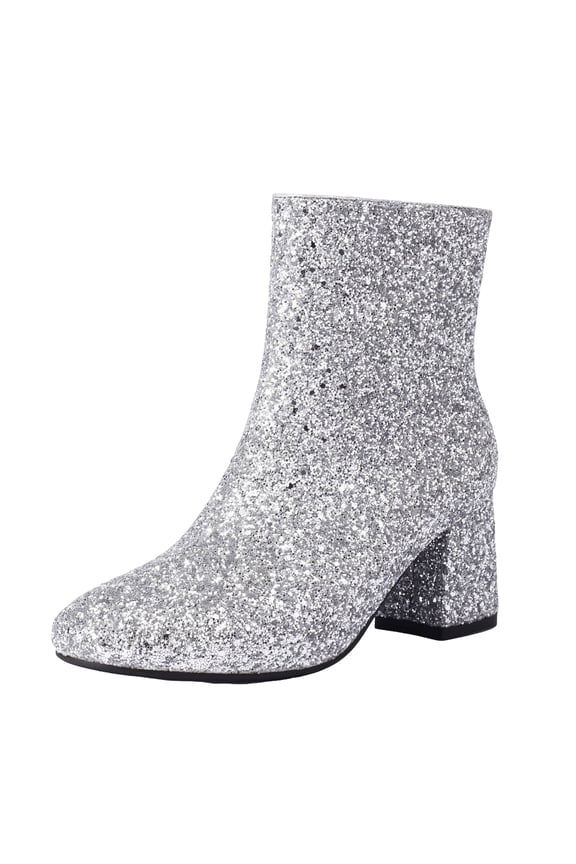 Women's Fashion Sequin Ankle Boots Square Toe Chunky Heel Mid Calf Booties Slip On Dress Boots with Side Zipper Silver 6