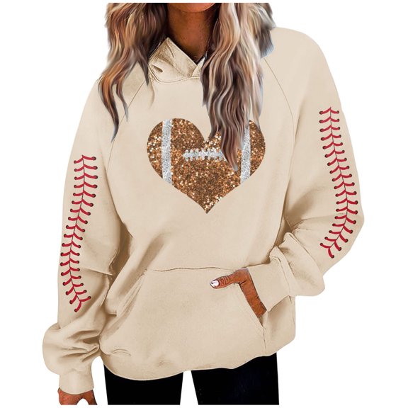 Women's Fashion Sequined Casual Football Cheer Rugby Tops Long sleeve Hoodie Pullover Rugby Women Hooded Sweatshirt