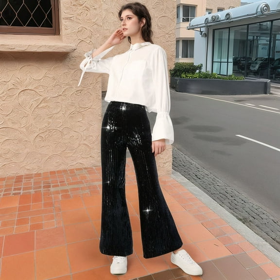 Women's Fashion Sequined Pants Stretch High Waisted Wide Leg Pants Solid Color Loose Pants Sparkly Holiday Carnival Party Dance Pants Womens Casual Pants Elastic Waist Business Casual Pants for Women