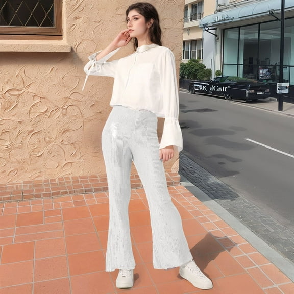 Women's Fashion Sequined Pants Stretch High Waisted Wide Leg Pants Solid Color Loose Pants Sparkly Holiday Carnival Party Dance Pants Womens Casual Pants Elastic Waist Business Casual Pants for Women