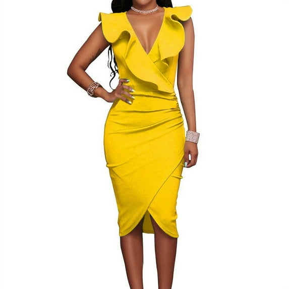 Women's Fashion Sexy Sleeveless Deep V-neck Ruffled Bodycon Dresses Plus Size Business Dress
