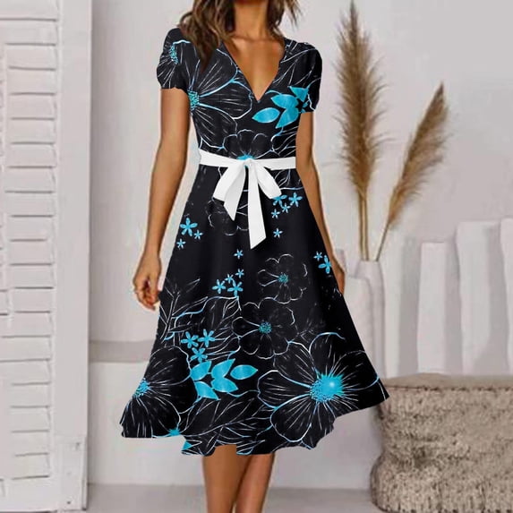Women's Fashion Sexy Vintage V Neck Short Sleeve Printing Party Dresses