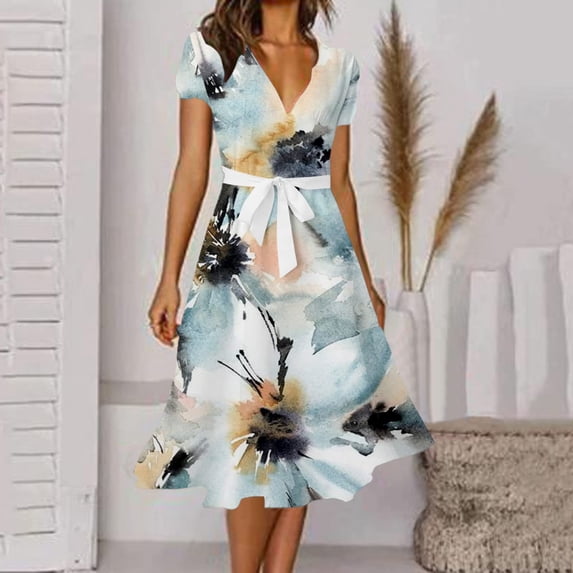 Women's Fashion Sexy Vintage V Neck Short Sleeve Printing Party Dresses