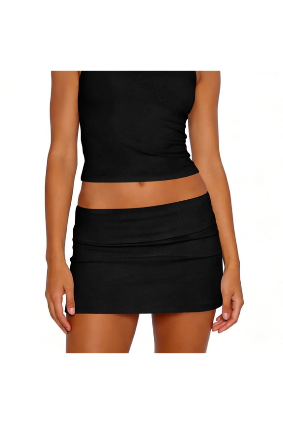 Women's Fashion Sexy Y2K Bodycon Solid Color Micro Mini Skirt Black XL