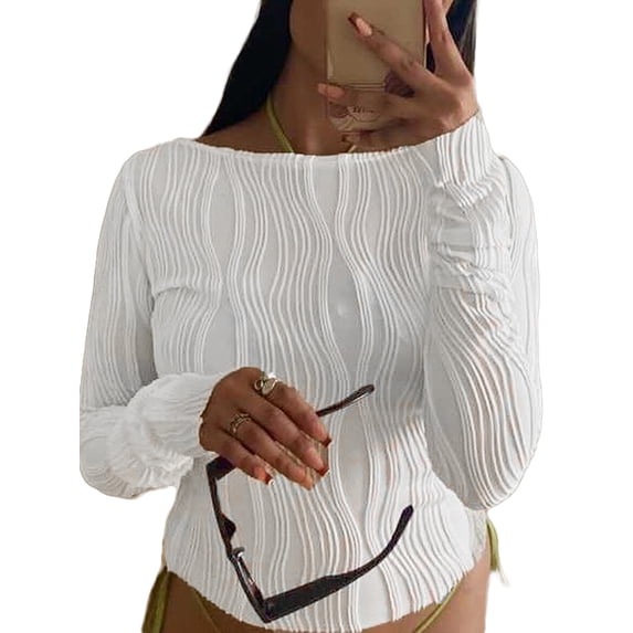 Womens Fashion Shirt Crew Neck Long Sleeve T-Shirt Three-Dimensional Textured Slim Fit Pullover Tops