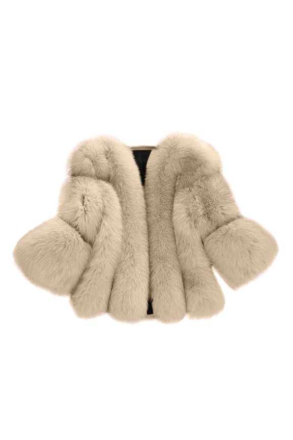 Women's Fashion Short Faux Fur Jacket - Long-Sleeve Button Front Stitched Casual Coat, Beige, L