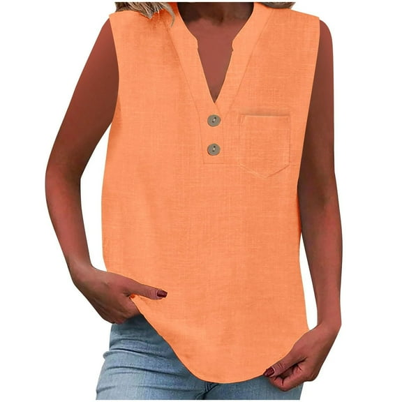 Women's Fashion Short Sleeve Tops Loose Stand Up Collar Button V Neck Split Shirts Cotton Linen Blouse