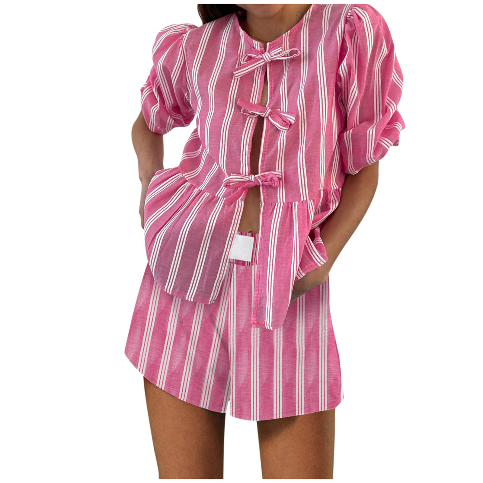 Women's Fashion Shorts Set Beach Leisure Lace Stripe Short Sleeve