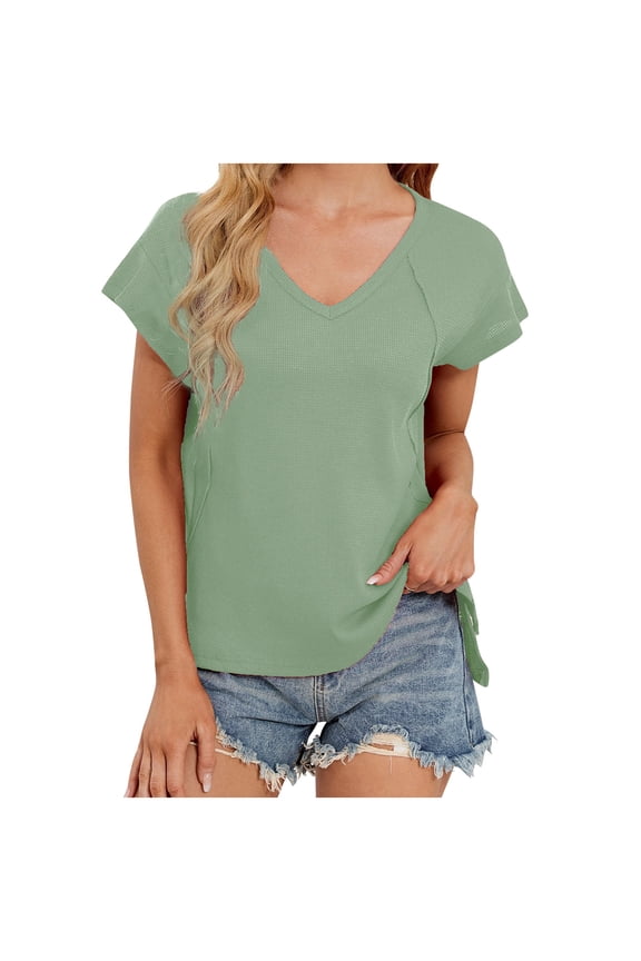 Women's Fashion Side Split T-shirt Solid Color Casual V-neck Short Sleeve Tees Comfy Lightweight Pullover for Summer