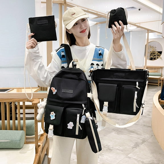 Women's Fashion Simple Casual Backpack,Black With Blush Bear Pendant