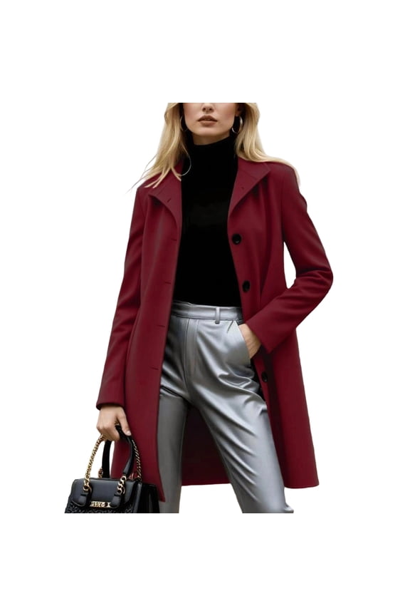 Coats for Women Single Breasted Trench Coat Fashion A-Line Fall Winter Jackets, Business Casual Style for Long Sleeve Outerwear,Wine,2XL