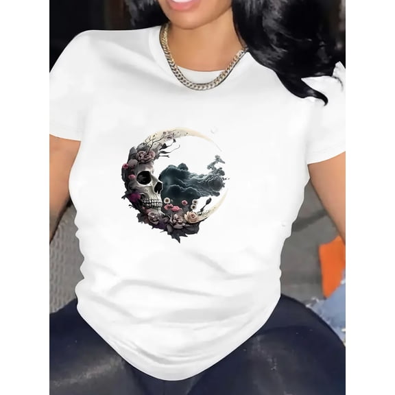 Women's Fashion Skull and Moon Print T-Shirt | Casual Polyester Blend Crew Neck Top | Breathable Short Sleeve Shirt for All Seasons