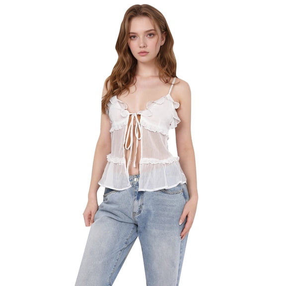 Women's Fashion Sleeveless Layered Ruffle Camisole Top Summer Casual Blouse Tie Strap Semi Transparent Comfortable Lightweight