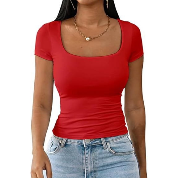 Women's Fashion Slim U Neck T Shirt Fashion Casual Solid Color Short Sleeved T Shirt Handstand Shirt Long Sleeve Tech T Shirt Exercise Wear Short T Shirt Ladies Tees And Tops Dark Shirt for Women