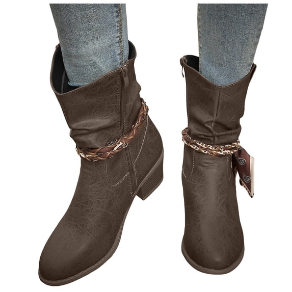 Women's Fashion Slip On Western Cowboy Boots Pointed Toe Chunky Heel Mid Calf Vintage Cowgirl Booties