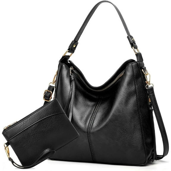 Women's Fashion Soft Leather Crossbody Bag, Handbag, Wallet, and Wallet Set (Black-Brown)