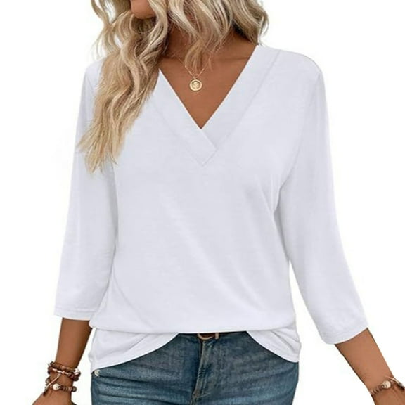 Women's Fashion Solid 3/4 Sleeve T Shirts V Neck Casual Loose Top Plain Tees for Women Women Long Sleeve Short Sleeve T Shirt for Women Long Sleeve Shirts for Tall Women Women's Casual Shirts Womens