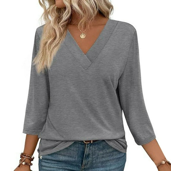 Women's Fashion Solid 3/4 Sleeve T Shirts V Neck Casual Loose Top Polyester Long Sleeve Womens Tops And Tees Short Sleeve T Shirt Loose Fit Top Women Womens T Shirts Casual T Shirt for Women Summer