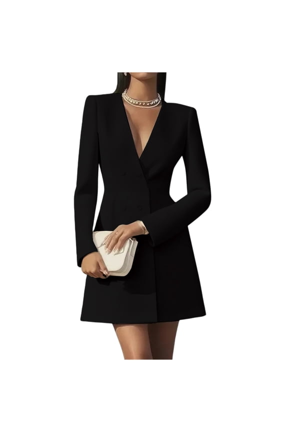 Women's Fashion Solid Button Blazer Short Dresses Autumn Winter Sexy V-neck Party Dress Office Ladies Long Sleeve Slim Dress