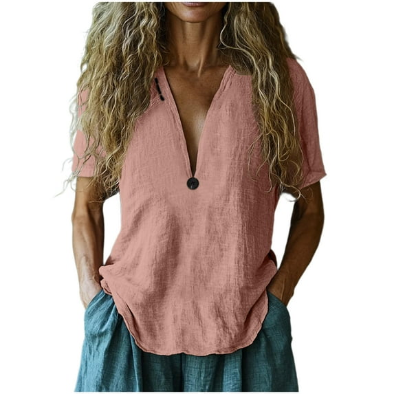 Women's Fashion Solid Button Shirt Female V-Neck Loose T-shirt Blouse