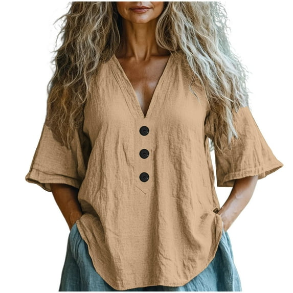 Women's Fashion Solid Button Shirt Female V-Neck Loose T-shirt Blouse