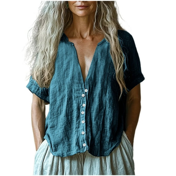 Women's Fashion Solid Button Shirt Female V-Neck Loose T-shirt Blouse