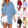 thumbnail image 1 of Women's Fashion Solid Button Up Shirt Blouse Top Loose Fit V Neck Short Sleeve Casual Elegant Summer Office Wear | CSEONE,Khaki L, 1 of 9