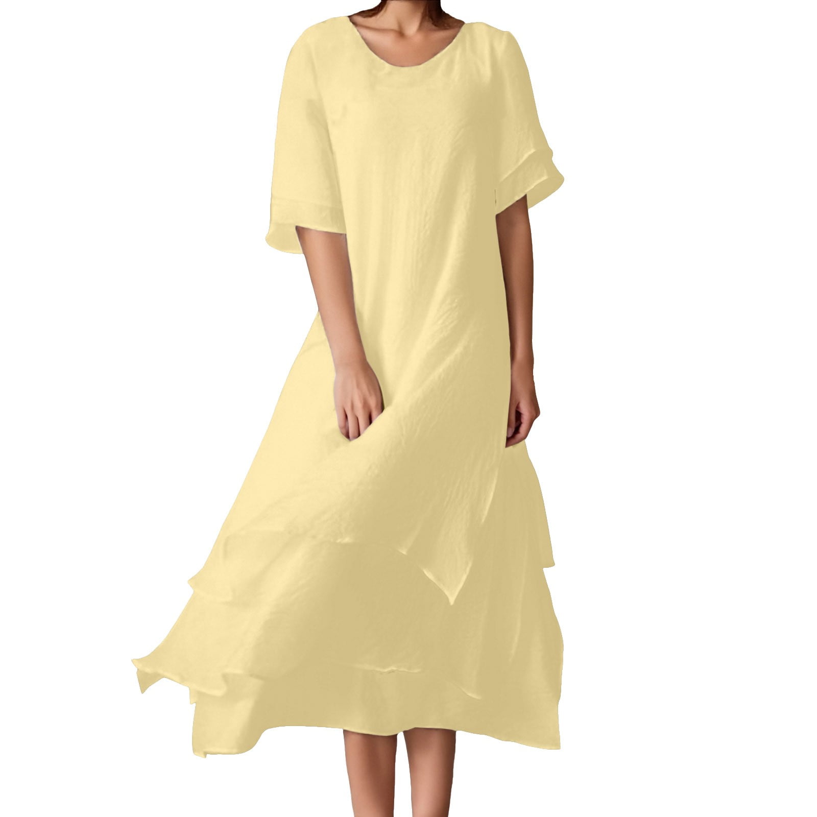 Women's Fashion Solid Casual Double Layer Slit Short Sleeved Crew Neck Dress  Soft Fabric, High Elasticity, Suitable for Work and Daily Wear - Walmart.com