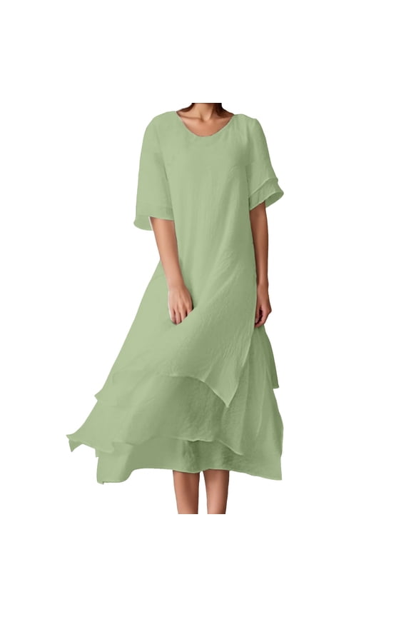 Women's Fashion Solid Casual Double Layer Slit Short Sleeved Crew Neck Dress Soft Fabric, High Elasticity, Suitable for Work and Daily Wear