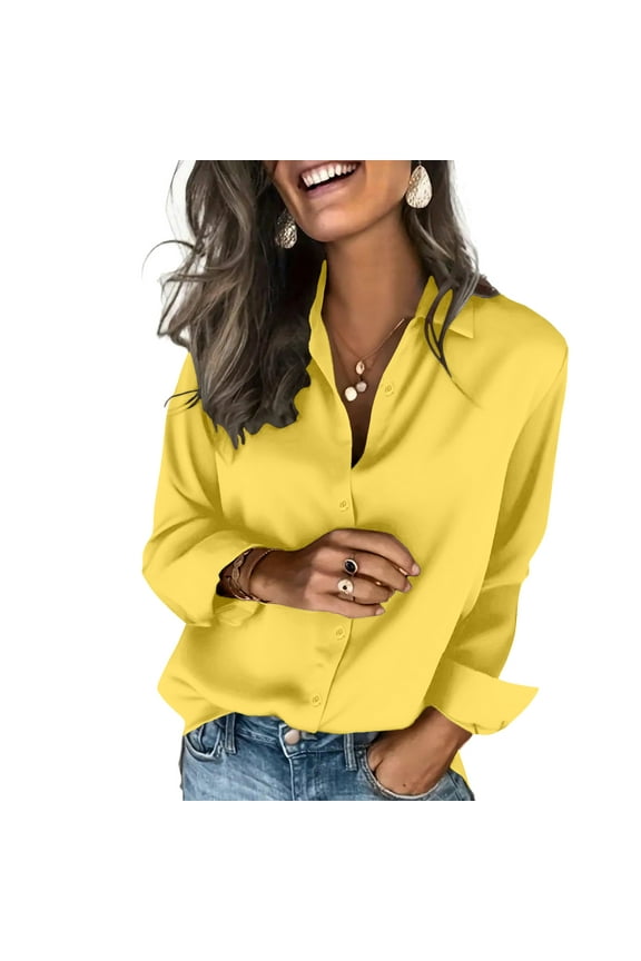 Women's Fashion Solid Color Button Down Shirts Long Sleeve Basic Classic Soft Shirt Collared Fashion Casual Blouses Top