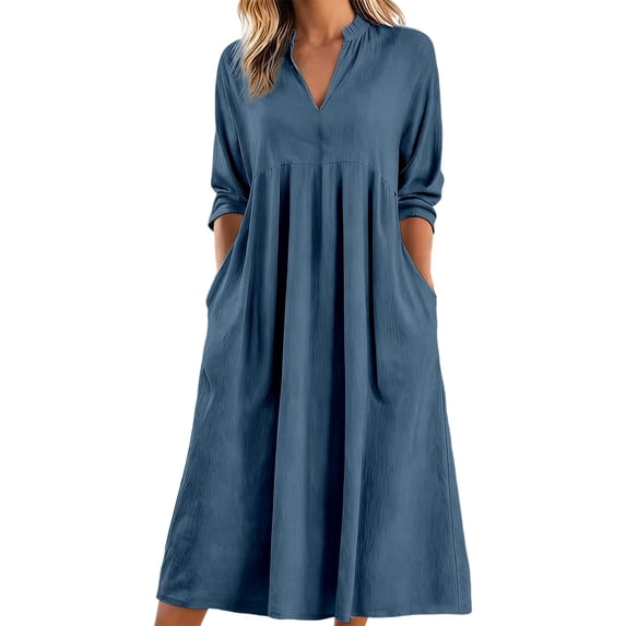 Women's Fashion Solid Color Casual Dress V Neck Long Sleeve Blue L