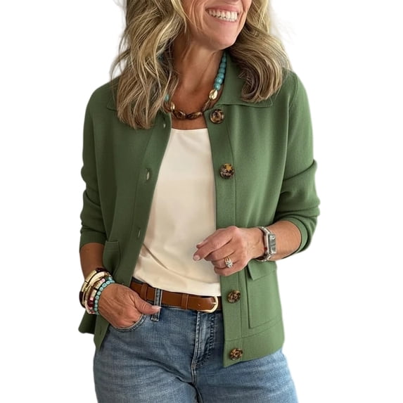 Women's Fashion Solid Color Collar Long Sleeve Button Pocket Jacket, Versatile Casual Blazer for Office and Outdoor Activities,Army Green,L