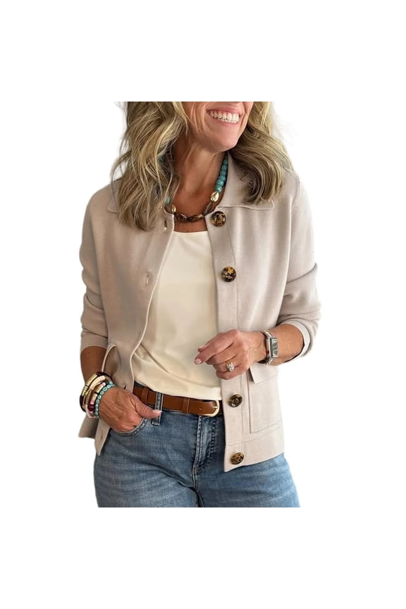 Women's Fashion Solid Color Collar Long Sleeve Button Pocket Jacket, Versatile Casual Blazer for Office and Outdoor Activities,Beige,M