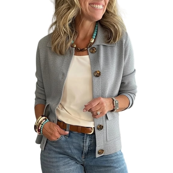 Women's Fashion Solid Color Collar Long Sleeve Button Pocket Jacket, Versatile Casual Blazer for Office and Outdoor Activities,Gray,L