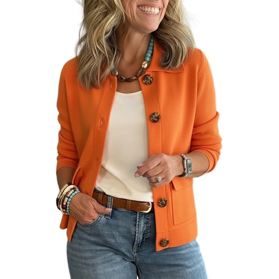 Women's Fashion Solid Color Collar Long Sleeve Button Pocket Jacket, Versatile Casual Blazer for Office and Outdoor Activities,Orange,2XL