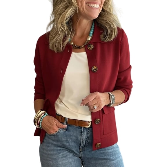 Women's Fashion Solid Color Collar Long Sleeve Button Pocket Jacket, Versatile Casual Blazer for Office and Outdoor Activities,Red,2XL