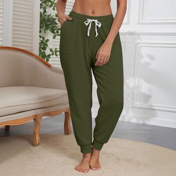 Women's Fashion Solid Color Elastic Waist Pocket Strap Foot Strap Casual Pants, Corduroy Ankle Cuff Pants,Army Green,2XL