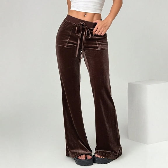 Women's Fashion Solid Color Gold Velvet High Waist Drawstring With Pocket Horn Casual Pants, Flare Leg Pants,Coffee,S