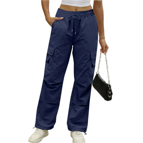 Women's Fashion Solid Color High Waist Drawstring Loose Multi Pocket Strap Casual Pants with Adjustable Cuff for Comfortable and Stylish Everyday Wear,Navy,L