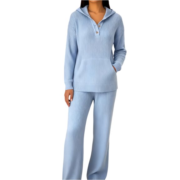 Women's Fashion Solid Color Hooded Long Sleeved Pullover Top, Elastic Waist Casual Pants Two-Piece Set, Comfortable and Stylish Outfit,Blue,2XL