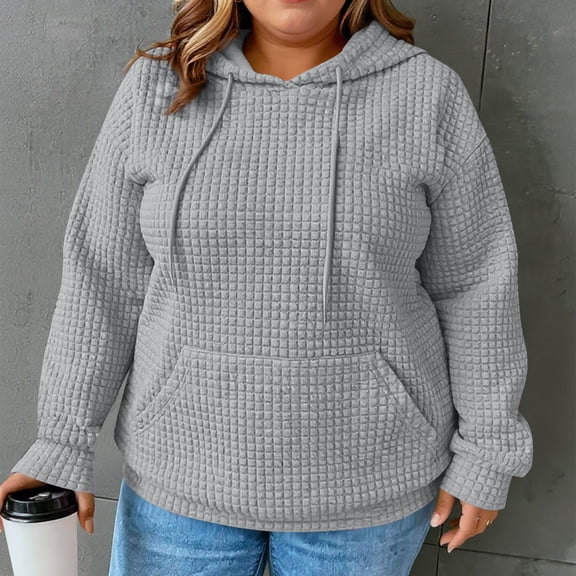 Women’s Fashion Solid Color Hoodie – Long Sleeve Pullover Sweatshirt with Grid Pattern, Casual Loose Fit Hooded Top with Pocket for Autumn Winter Gray