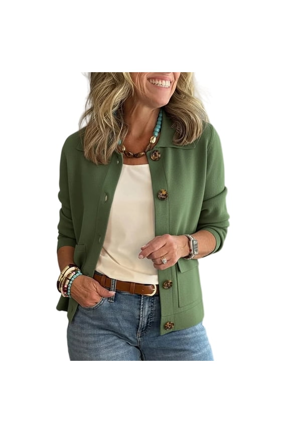 Women's Fashion Solid Color Jacket - Lapel Collar Long Sleeve Button Pockets Outerwear, Olive Green, XXL