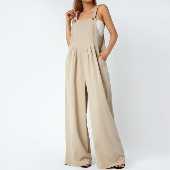 Women’s Fashion Solid Color Jumpsuit Casual Button Wide Leg Suspender Overalls with Pockets