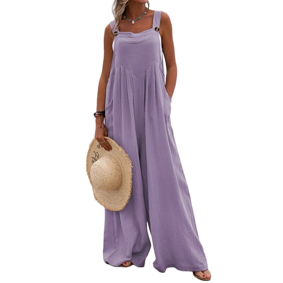 Women’s Fashion Solid Color Jumpsuit Casual Button Wide Leg Suspender Overalls with Pockets