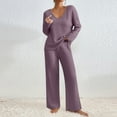 thumbnail image 1 of Women's Fashion Solid Color Knit V-Neck Long Sleeve Top and Pants Set Casual Lounge Outfit, 1 of 8