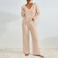 thumbnail image 1 of Women's Fashion Solid Color Knit V-Neck Long Sleeve Top and Pants Set Casual Lounge Outfit, 1 of 8