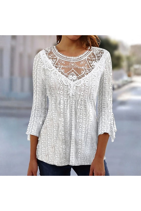 Women's Fashion Solid Color Lace Splicing Casual Hollowed Out Top, Three-Quarter Sleeve Blouse, Elegant Style for Women,White,L